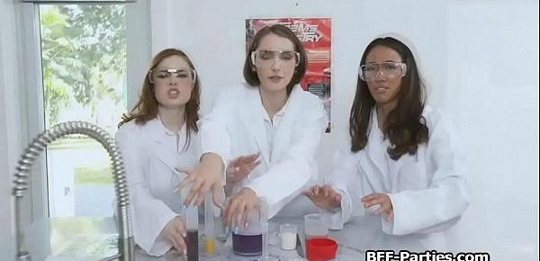  Three girlfriends sharing cock in lab coat